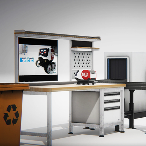 Gameplay VR-Training - MedBot Roboter liegt auf Arbeitsplatte in Trainingsumgebung