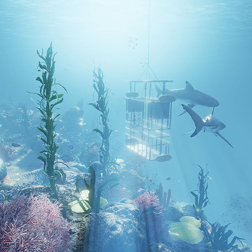 Visualisierte Unterwasserlandschaft mit Haikorb und Haien