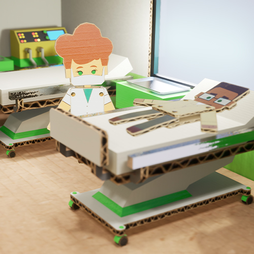 Gameplay AR Game - Behandlungzimmer mit Ärztin und Patient aus Kartonoptik